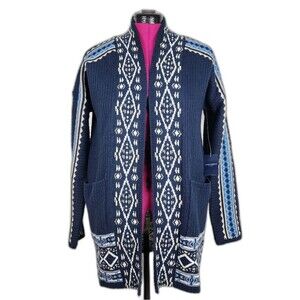 Lucky Brand Cardigan Open Front Sweater Pockets Navy Blue Ethnic Patter  M